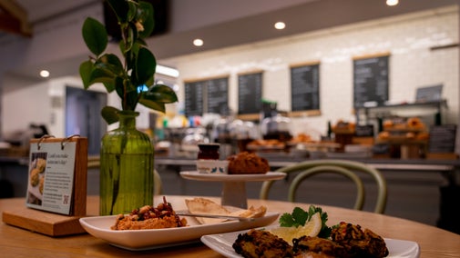 A meal on the table in the Tea-room with a view of the counter